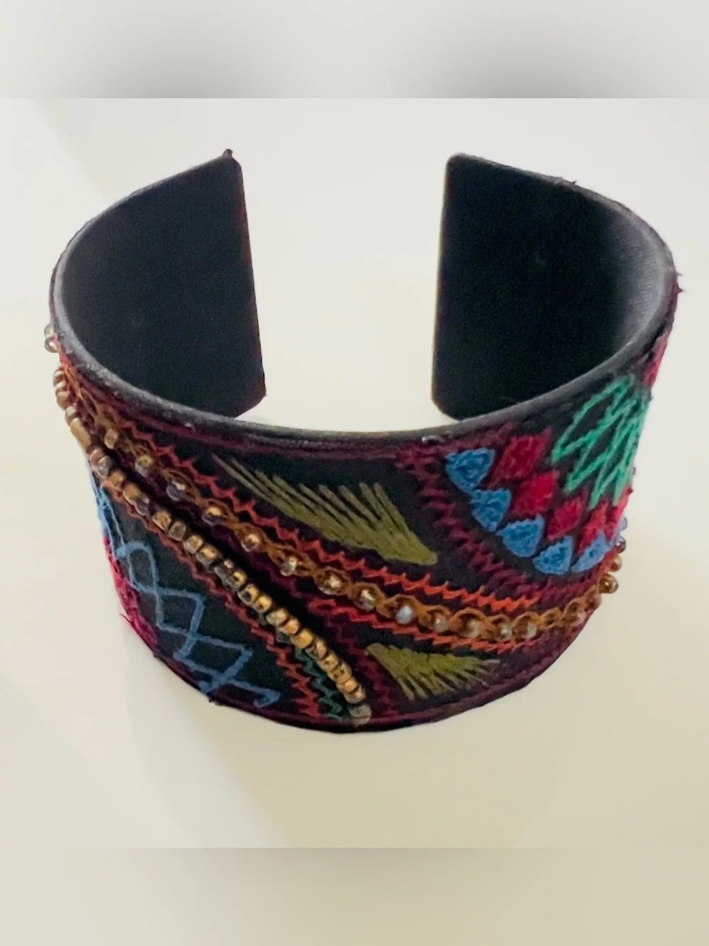 Vintage Boho Hand Embroidered Cuff Bracelet Multi Color Textile Artisan Beadwork